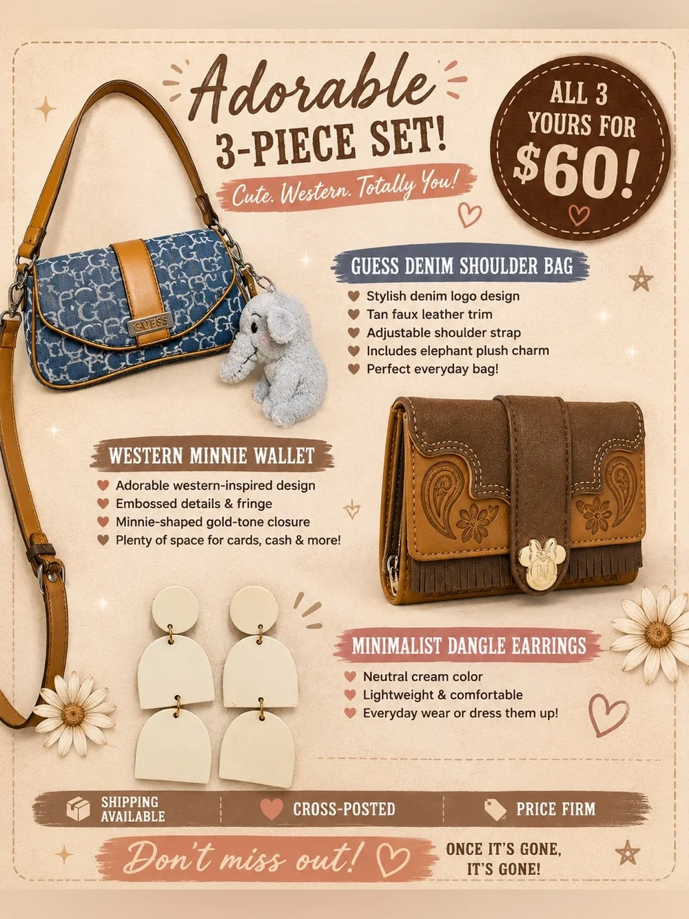 GUESS Blue Denim Shoulder Bag + Bag charm + White Acrylic Earrings + Wallet